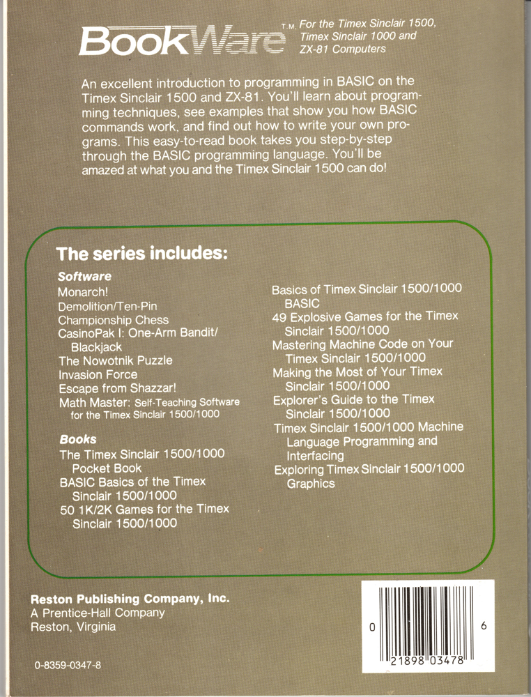 BOOK Bassics of Timex Sinclair 1500 1000 BASIC BACK 1000h